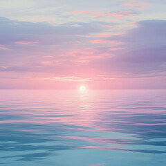 Fototapeta premium Serene Sunset Seascape: A breathtakingly calm ocean scene, painted in hues of soft pink and blue, as the sun sets behind a delicate veil of clouds, reflecting a tranquil and mesmerizing landscape. 