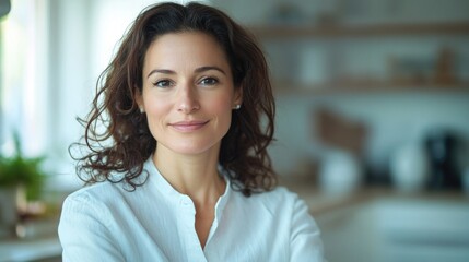 Fototapeta premium Woman in White Shirt Standing in Kitchen