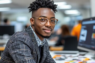 Fototapeta premium Portrait of a Confident Young Professional Man in Office Setting with Glasses and Stylish Attire
