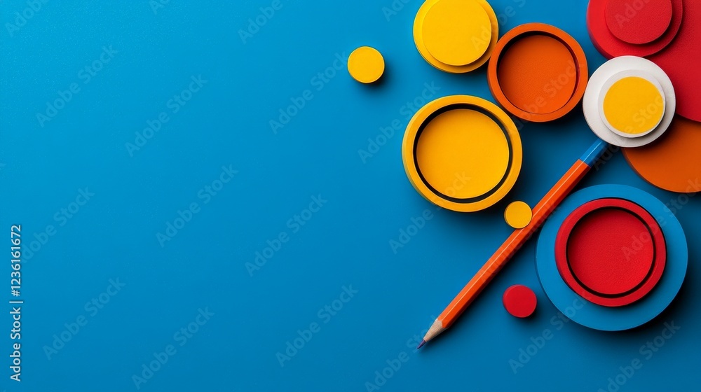 Poster abstract color concept: a vibrant array of layered paper circles in bold hues of red, orange, and ye