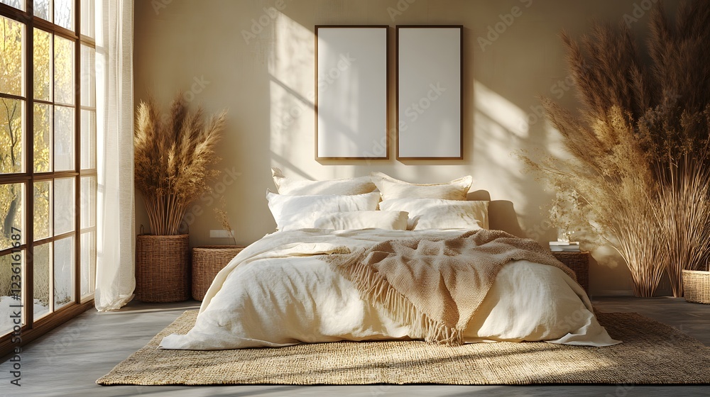 Poster frame mockup displayed contemporary bedroom interior filled natural light viewed from a diagonal ang