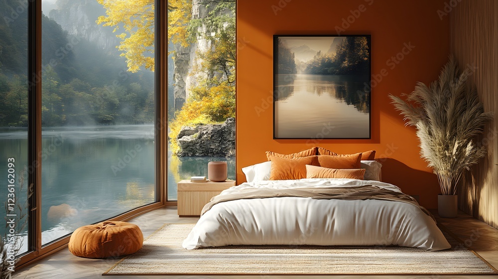 Poster frame mockup displayed contemporary bedroom interior filled natural light viewed from a diagonal ang