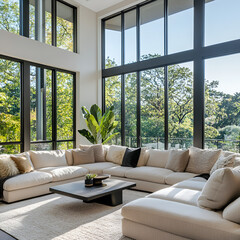 Modern Living Room with Expansive Views: A spacious, modern living room features a large sectional sofa and coffee table.