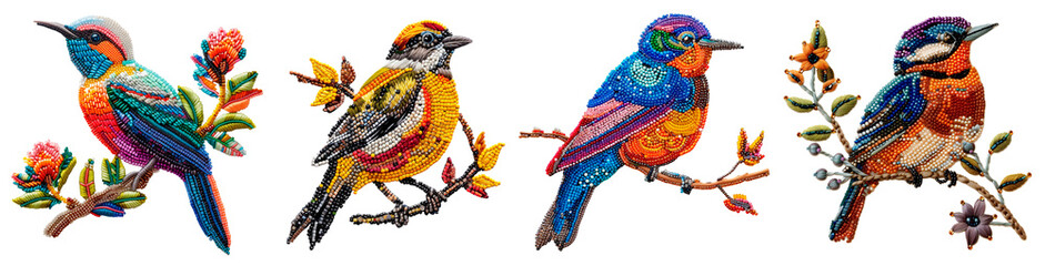 Obraz premium Handcrafted beaded birds perched on branches with vibrant colors and intricate details on a transparent background. Perfect for artistic, decorative, and nature-inspired projects