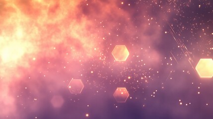 Abstract glowing hex shaped elements float amidst a dynamic hazy fiery cloud