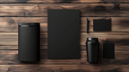 Elegant Dark Branding Mockup on Rustic Wooden Background