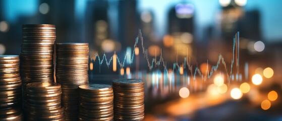 Coins stacked with financial analytics overlay, representing investment growth in urban setting. Analysis, economic trends, and market insights to boost portfolios.