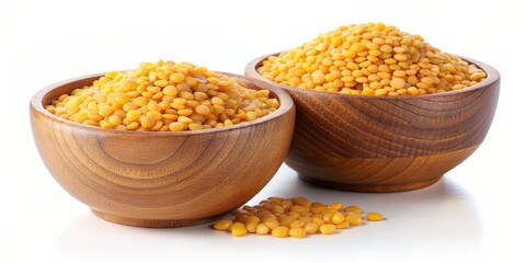Two Wooden Bowls Filled with Yellow Lentils, White Background , lentils , legume , pulses , grain