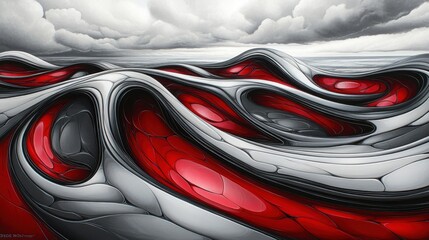 Illustrate a dynamic red background with gray heart motifs, flowing patterns, and a gradient glass-like rendering accented by white tones