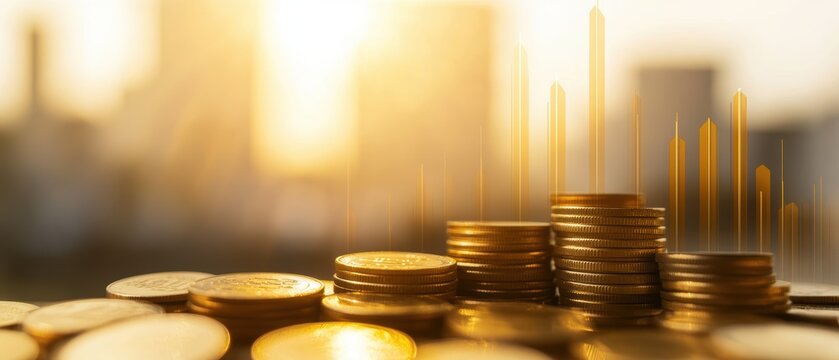 Coins stacked with rising financial charts in background, symbolizing investment growth, wealth accumulation, and market trends in business finance.