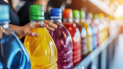 Colorful Assortment of Bottled Beverages on Supermarket Shelf with Hand Selection
