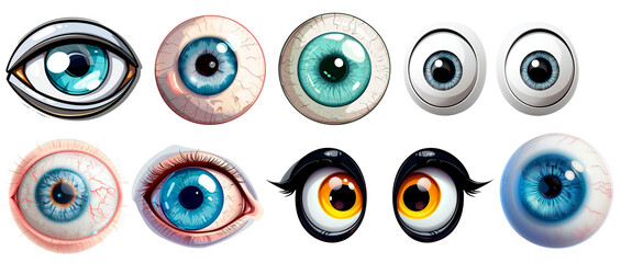 Collection of realistic and cartoon-style human and fantasy eyes with vibrant colors and intricate details on a transparent background. Ideal for character design, art, and creative projects