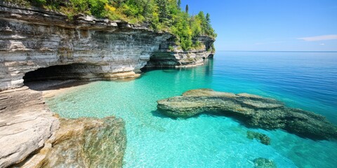 Cliffside cove with clear turquoise water, forest background, vacation spot view.