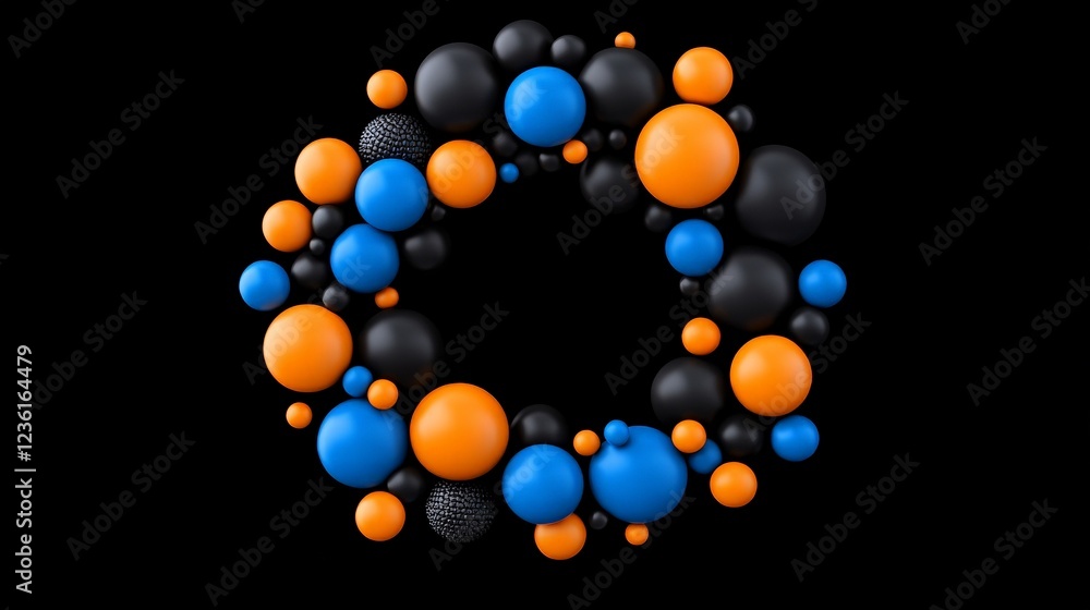 Poster abstract sphere ring: vibrant blue and orange spheres form a captivating ring against a stark black 