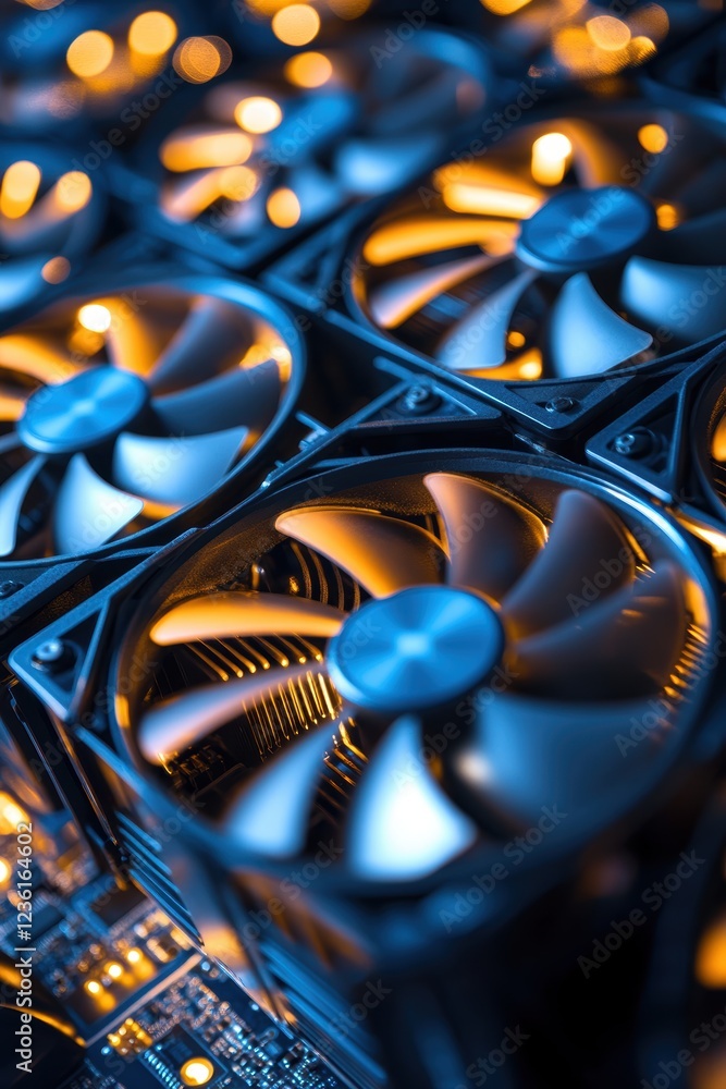 Poster cooling fans and components in a high-performance computer setup for gaming, mining, or digital rend