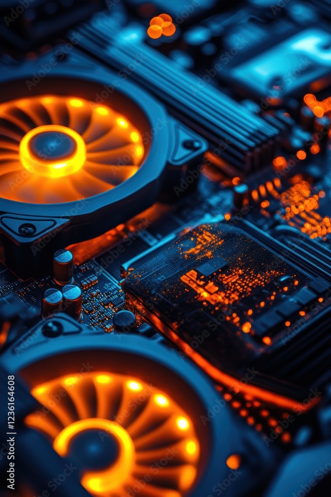 Poster cooling fans, computer hardware and circuit board with orange lights showcasing technology, electron