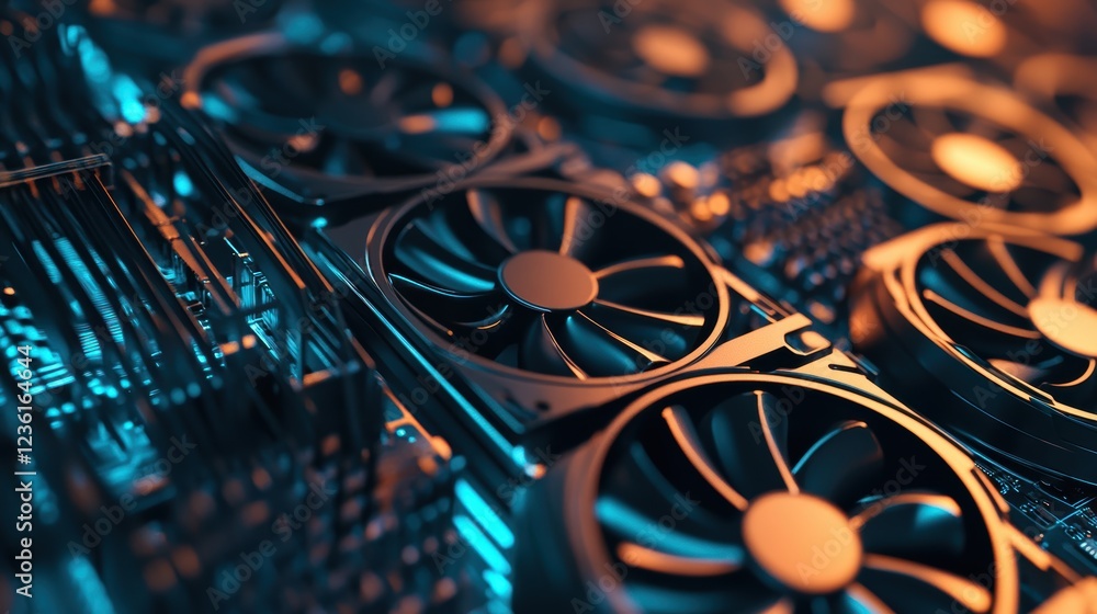 Poster cooling fans, computer hardware and technology components in data center for cryptocurrency mining, 