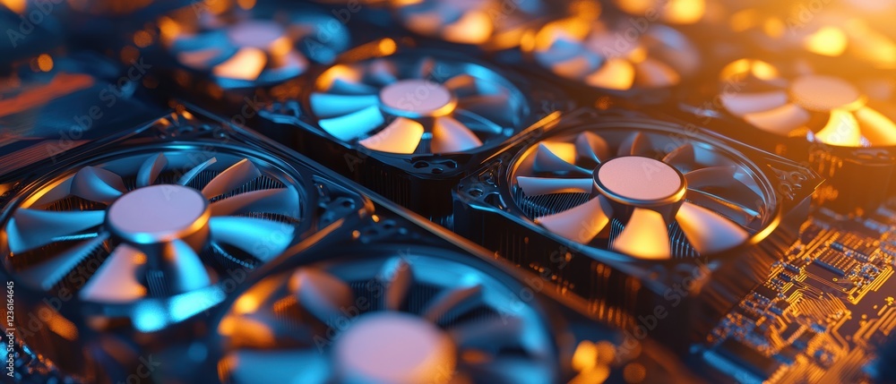 Poster cooling fans, modern technology and electronic components for gaming or computer hardware systems. i