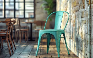 Turquoise Metal Chair in an industrial-style cafÃ?, adding a fresh and stylish aesthetic