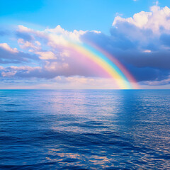 Ocean Rainbow: A vibrant rainbow arches over a calm ocean, its colorful spectrum reflected in the tranquil waters under a dramatic sky.  