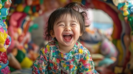 Fototapeta premium A close-up portrait of a child laughing in a colorful environment,