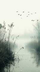 Misty river scene with birds in flight and reeds.