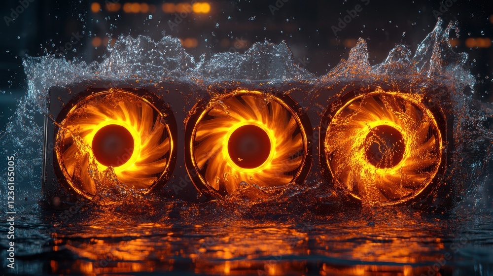 Fototapete cooling system with three illuminated fans submerged in water, creating dynamic splashes and visual 