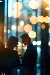 Couple enjoying a romantic evening with city lights in the background, engaged in conversation and connection at a stylish urban bar or restaurant setting.