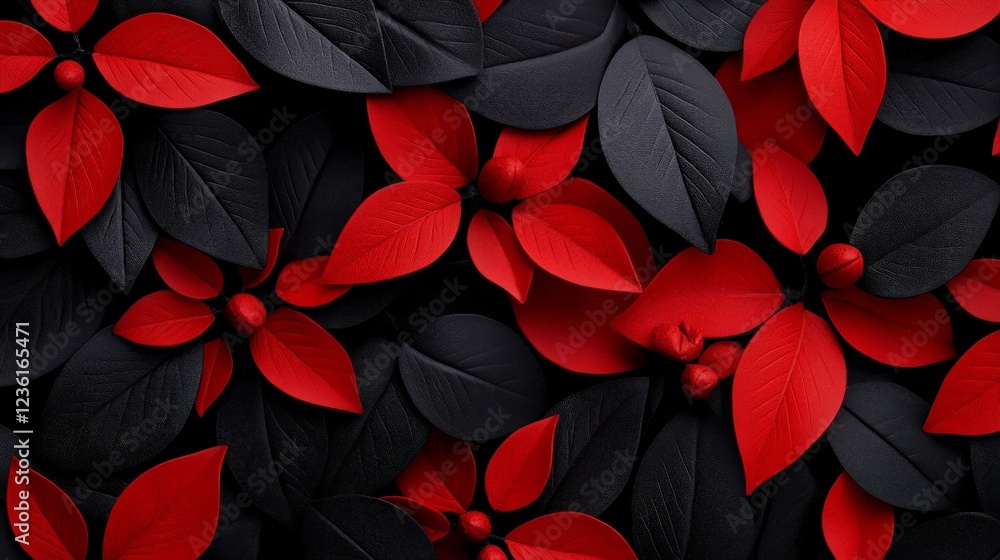 Poster red and black floral abstract: a vibrant abstract pattern composed of overlapping red and black pape