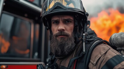 Obraz premium A firefighter in full gear standing in front of a fire truck