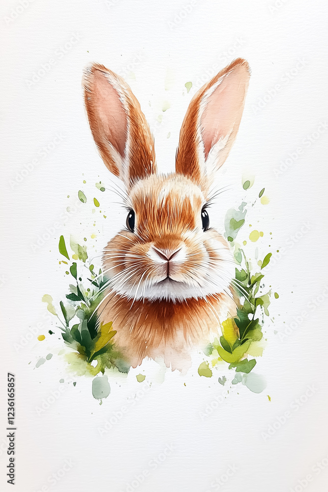 Poster fluffy easter bunny gazing with a calm expression surrounded by soft greenery, set against a texture