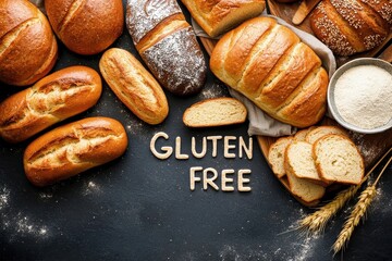 A variety of gluten-free breads arranged artistically on a dark surface, with the words "GLUTEN FREE" prominently displayed.