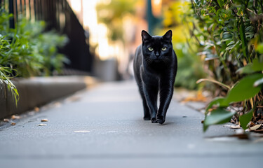 Black cat walking along a city sidewalk surrounded by greenery