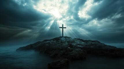 Obraz premium Cross on rocky island with dramatic clouds and sunlight rays breaking through, symbolizing hope, faith, and spirituality in a serene ocean landscape.