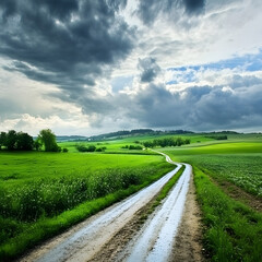 Naklejka premium a country road with dark storm clouds overhead