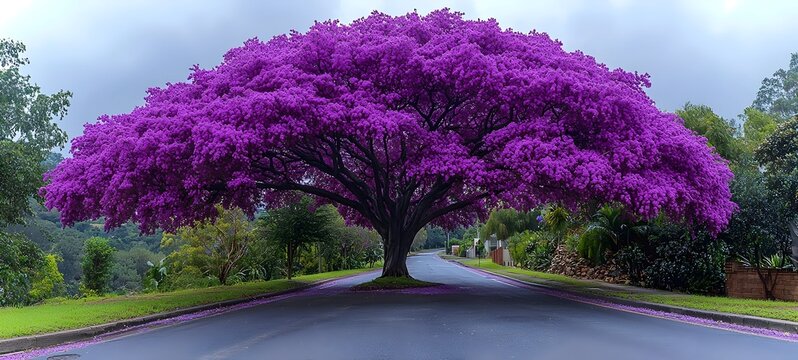 A stunning jacaranda tree with vibrant purple blooms stands majestically over a quiet street, creating a serene and picturesque atmosphere under a cloudy sky.