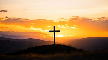 Cross silhouette at sunset amidst mountains, symbolizing faith and spirituality, representing hope, worship and religious belief in serene nature setting.