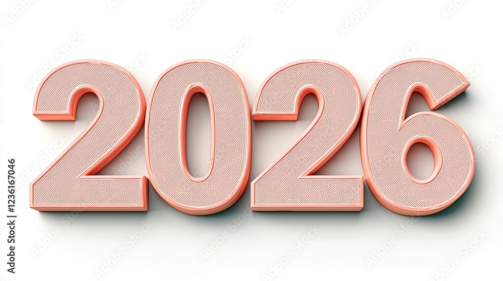 Aufkleber 3d peach color cartoon text of 2026 on white background with modern style and artistic design elemen
