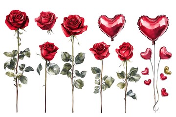 A collection of red roses and heart-shaped balloons, symbolizing love and romance.