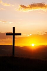 Cross silhouette during sunset over mountains, symbolizing faith, spirituality, and hope in a serene landscape. Ideal for religious themes and inspirational concepts.