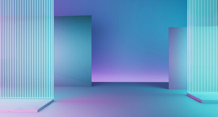 3d rendering of blue and purple neon glowing wall background. Scene for advertising, technology, showcase, banner, game, sport, cosmetic, business, metaverse. Sci-Fi Illustration. Product display