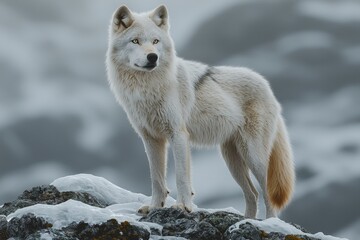 Obraz premium Majestic Arctic Wolf Stands on Snowy Rocks