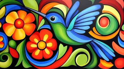 Obraz premium Vibrant hummingbird floral painting, Mexico, background swirls, home decor