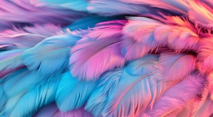 Obraz premium A soft and fluffy close-up of an ethereal feather displaying vibrant pink and blue gradient hues, surrounded by delicate wispy details, against an abstract background of pastel sky colors, shot in