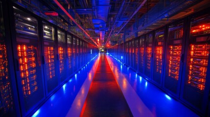 Futuristic Data Center with Glowing Servers and Red and Blue Lighting