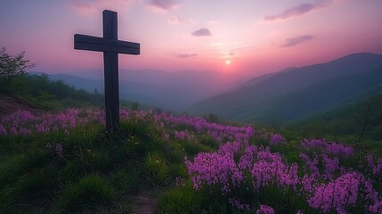 A wooden cross set against a pastel sky, surrounded by wildflowers in shades of pink and lavender.