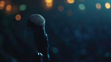 Close-up of a microphone on stage in front of a blurred crowd.