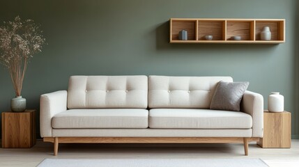 A Cozy Living Room With A Light Beige Sofa, Wooden Side Tables, And A Wooden Shelf Displaying Home Decor Against A Sage Green Wall. The Overall Vibe Is Calm And Serene.