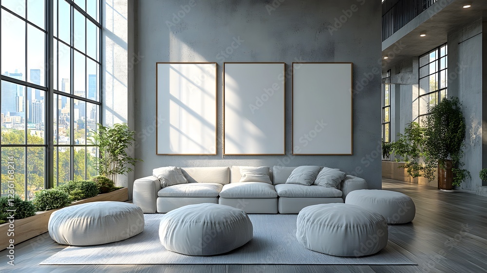 Poster frame mockup a modern home interior displayed from different angles the space features sleek furnitu