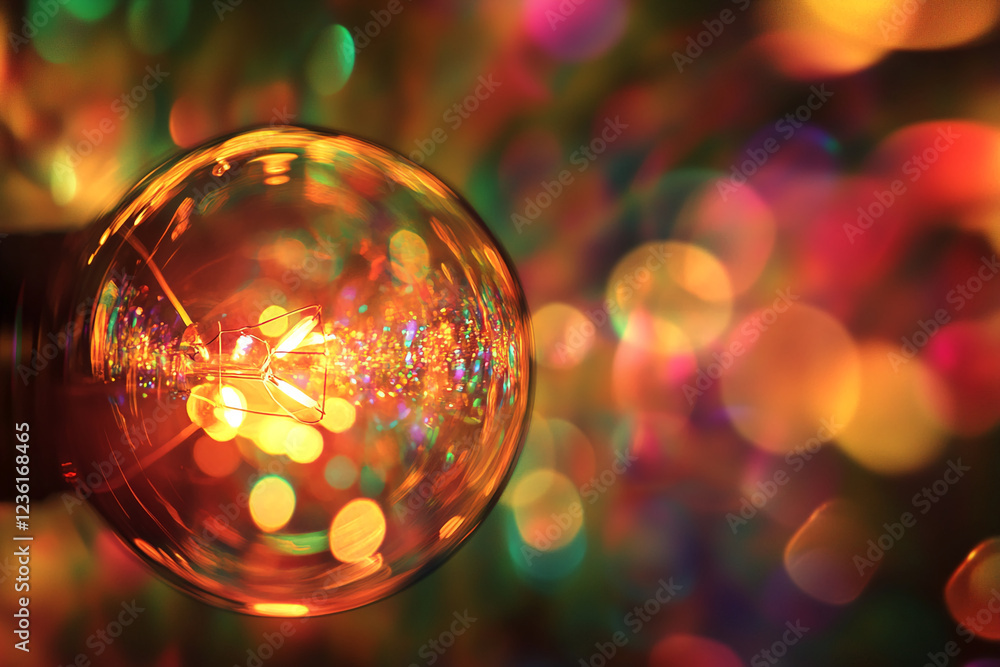 Poster a close-up view of a glowing light bulb with a colorful bokeh background, symbolizing creativity, in